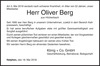 Traueranzeige von Oliver Berg von Siegener Zeitung