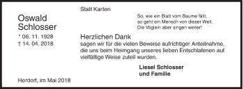 Traueranzeige von Oswald Schlosser von Siegener Zeitung