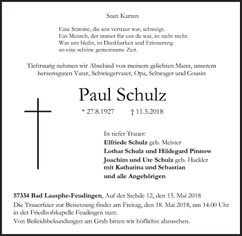 Traueranzeige von Paul Schulz von Siegener Zeitung