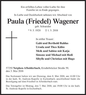 Traueranzeige von Paula  Wagener von Siegener Zeitung