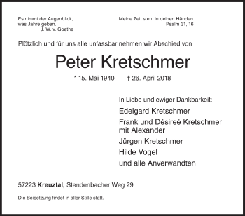 Traueranzeige von Peter Kretschmer von Siegener Zeitung