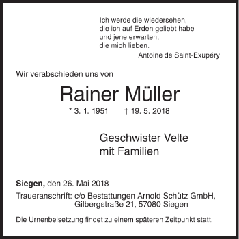 Traueranzeige von Rainer Müller von Siegener Zeitung
