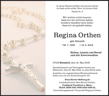 Traueranzeige von Regina Orthen von Siegener Zeitung