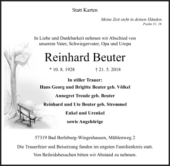 Traueranzeige von Reinhard Beuter von Siegener Zeitung