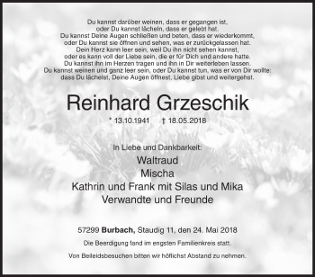 Traueranzeige von Reinhard Grzeschik von Siegener Zeitung