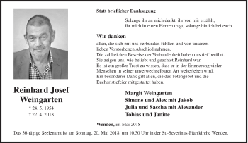 Traueranzeige von Reinhard Josef Weingarten von Siegener Zeitung