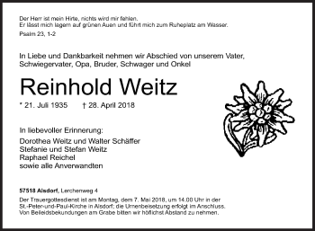 Traueranzeige von Reinhold Weitz von Siegener Zeitung
