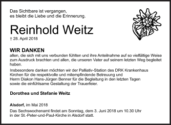 Traueranzeige von Reinhold Weitz von Siegener Zeitung