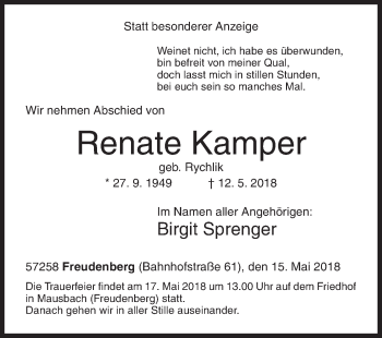 Traueranzeige von Renate Kamper von Siegener Zeitung