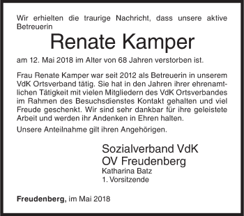 Traueranzeige von Renate Kamper von Siegener Zeitung
