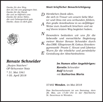 Traueranzeige von Renate Schneider von Siegener Zeitung