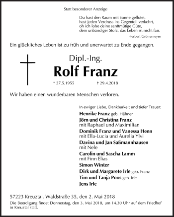 Traueranzeige von Rolf Franz von Siegener Zeitung