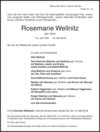 Traueranzeige von Rosemarie Wellnitz von Siegener Zeitung