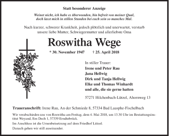 Traueranzeige von Roswitha Wege von Siegener Zeitung