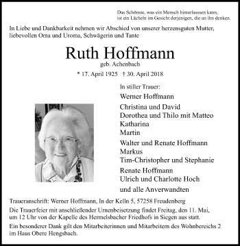 Traueranzeige von Ruth Hoffmann von Siegener Zeitung