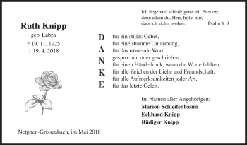 Traueranzeige von Ruth Knipp von Siegener Zeitung