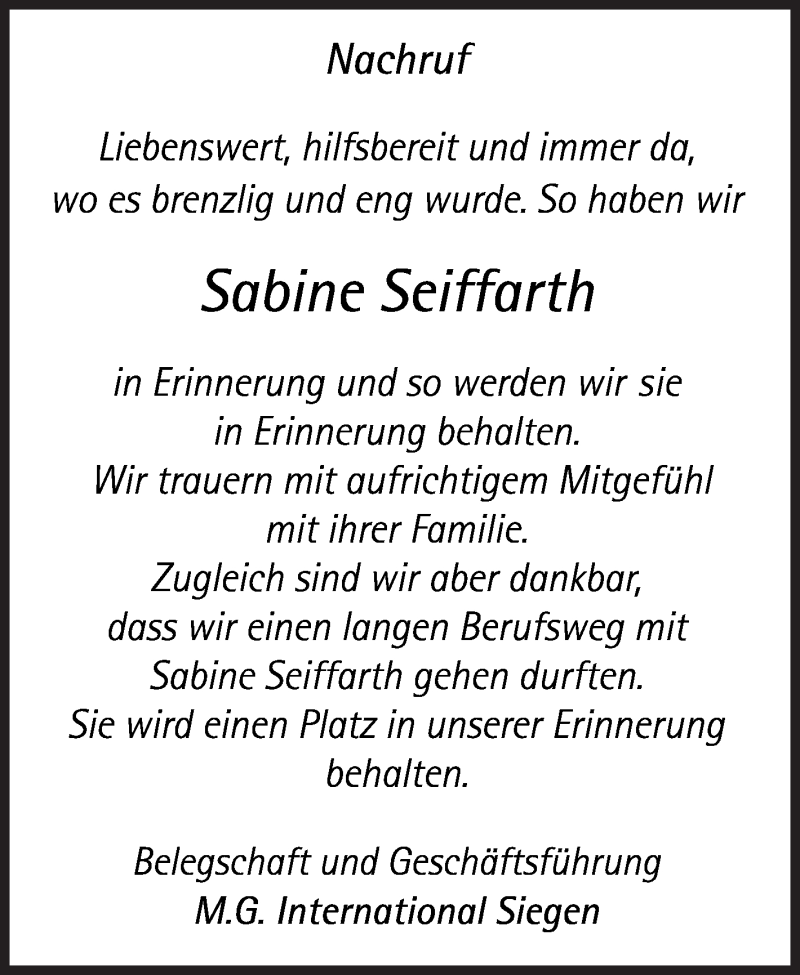  Traueranzeige für Sabine Seiffarth vom 15.05.2018 aus Siegener Zeitung