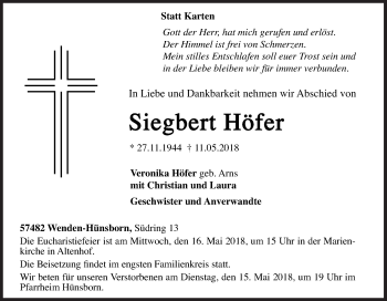 Traueranzeige von Siegbert Höfer von Siegener Zeitung