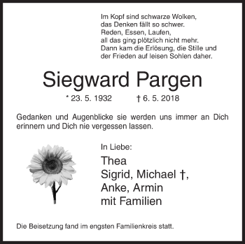 Traueranzeige von Siegward Pargen von Siegener Zeitung