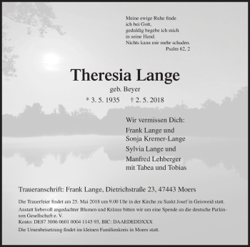Traueranzeige von Theresia Lange von Siegener Zeitung