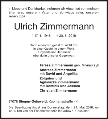 Traueranzeige von Ulrich Zimmermann von Siegener Zeitung