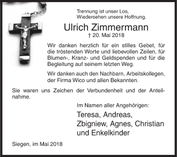 Traueranzeige von Ulrich Zimmermann von Siegener Zeitung