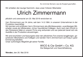 Traueranzeige von Ulrich Zimmermann von Siegener Zeitung