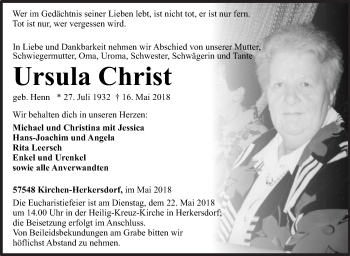 Traueranzeige von Ursula Christ von Siegener Zeitung