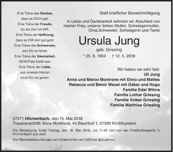 Traueranzeige von Ursula Jung von Siegener Zeitung