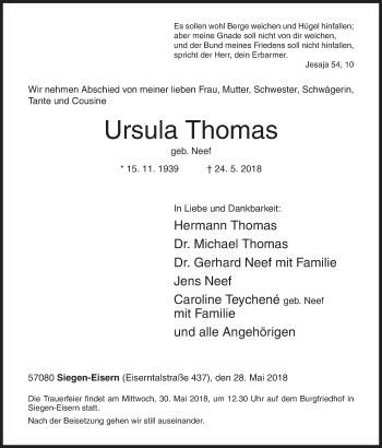 Traueranzeige von Ursula Thomas von Siegener Zeitung