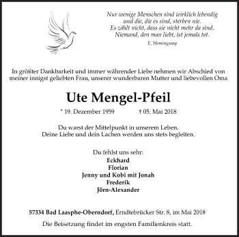 Traueranzeige von Ute Mengel-Pfeil von Siegener Zeitung