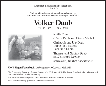 Traueranzeige von Volker Daub von Siegener Zeitung