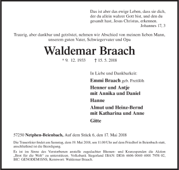 Traueranzeige von Waldemar Braach von Siegener Zeitung