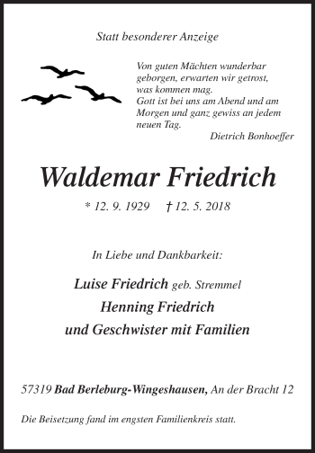 Traueranzeige von Waldemar Friedrich von Siegener Zeitung