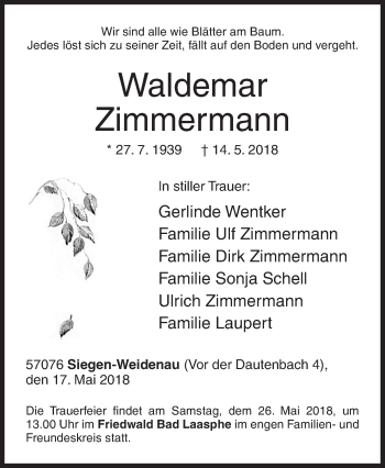 Traueranzeige von Waldemar Zimmermann von Siegener Zeitung