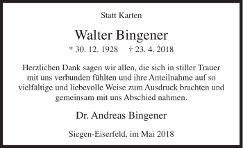 Traueranzeige von Walter Bingener von Siegener Zeitung