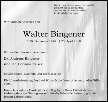 Traueranzeige von Walter Bingener von Siegener Zeitung