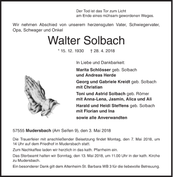 Traueranzeige von Walter Solbach von Siegener Zeitung