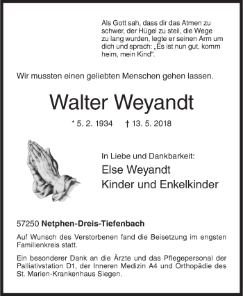 Traueranzeige von Walter Weyandt von Siegener Zeitung