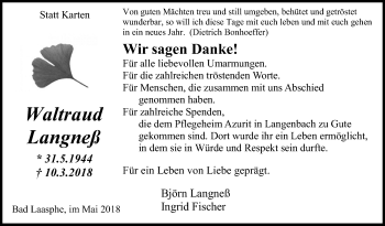 Traueranzeige von Waltraud Langneß von Siegener Zeitung