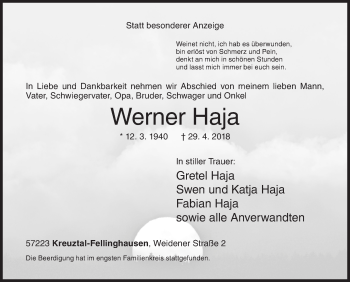 Traueranzeige von Werner Haja von Siegener Zeitung