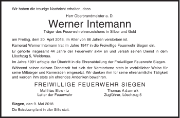 Traueranzeige von Werner Intemann von Siegener Zeitung