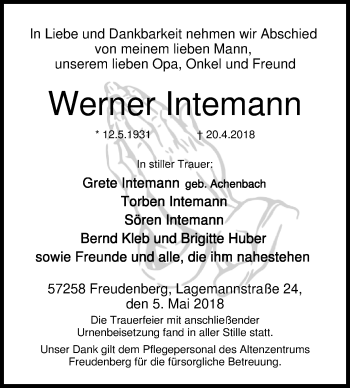 Traueranzeige von Werner Intemann von Siegener Zeitung
