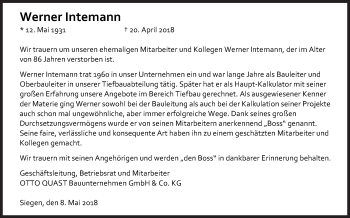 Traueranzeige von Werner Intemann von Siegener Zeitung