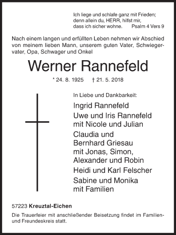 Traueranzeige von Werner Rannefeld von Siegener Zeitung