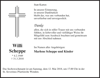 Traueranzeige von Willi Scheppe von Siegener Zeitung