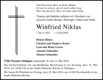 Traueranzeige von Winfried Niklas von Siegener Zeitung