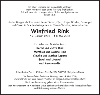 Traueranzeige von Winfried Rink von Siegener Zeitung