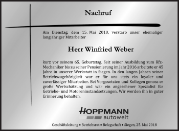 Traueranzeige von Winfried Weber von Siegener Zeitung