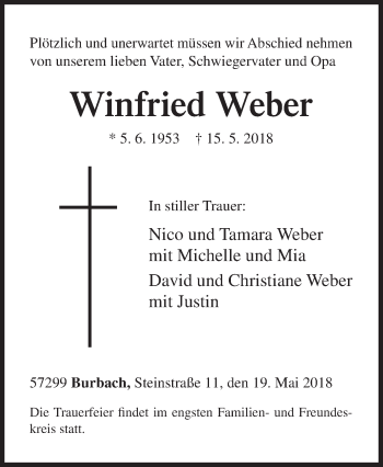Traueranzeige von Winfried Weber von Siegener Zeitung